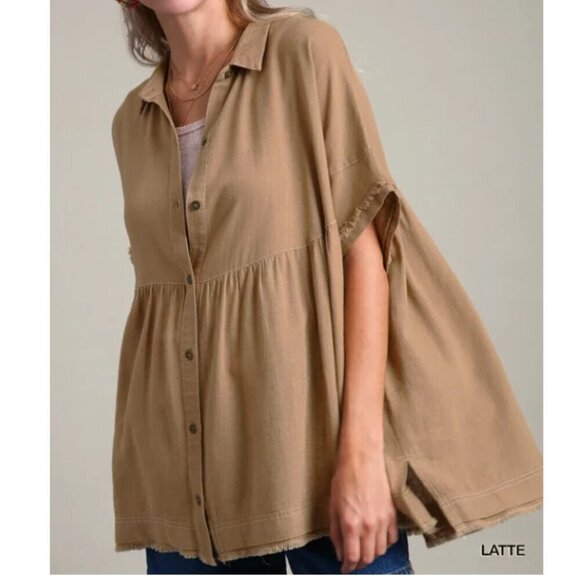 Umgee Size Small Latte Collared Button Up Tiered Side Slit and Frayed Hem Top - Picture 2 of 8